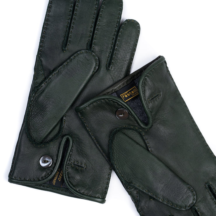 Deerskin Leather Glove with Button - Bottle Green